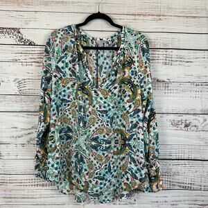 Womens Belle Sky White Multi-Color Green Flowy Boho V Neck Dressy Career Top XXL